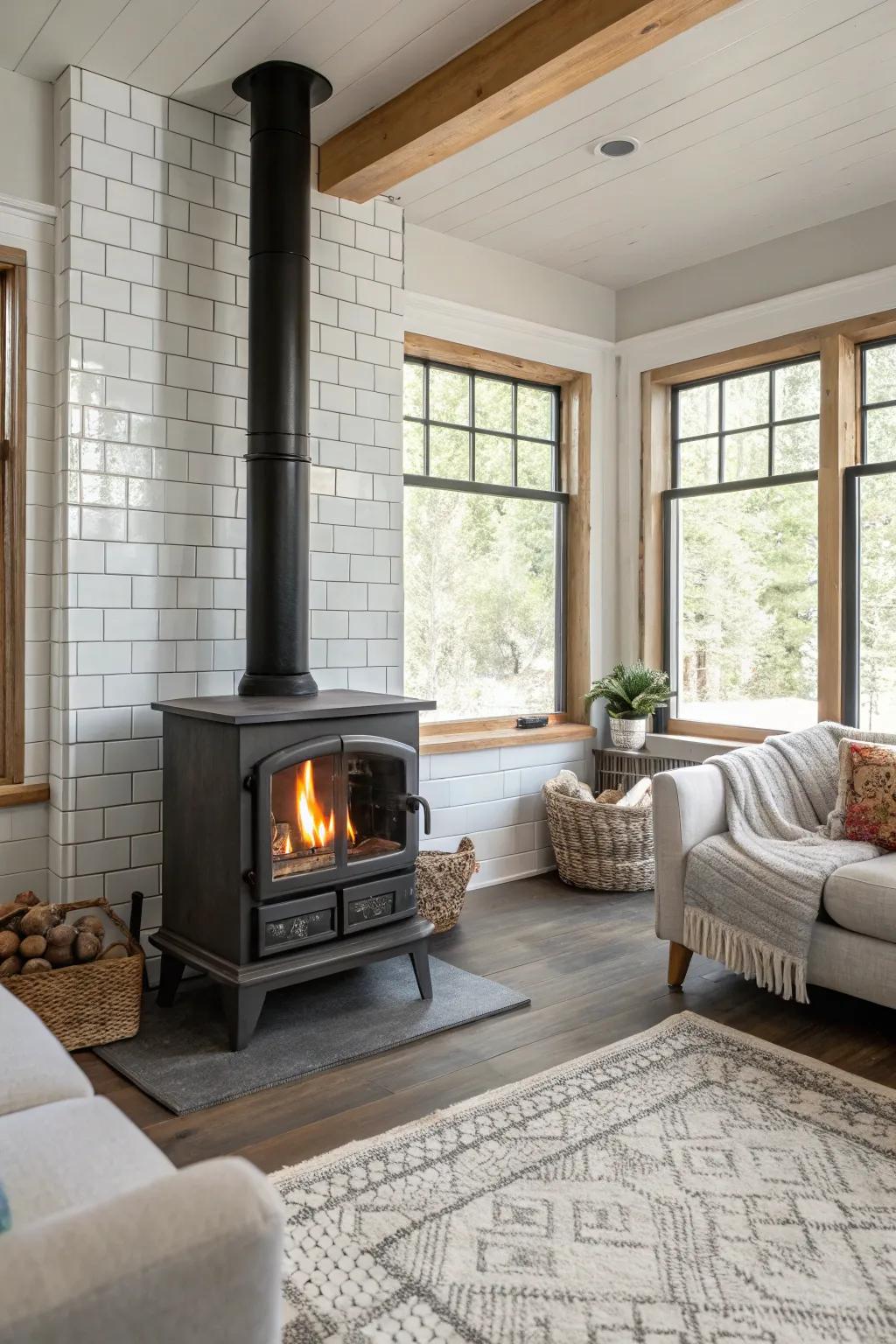 Subway tiles offer a refined and stylish surround for your wood burner.