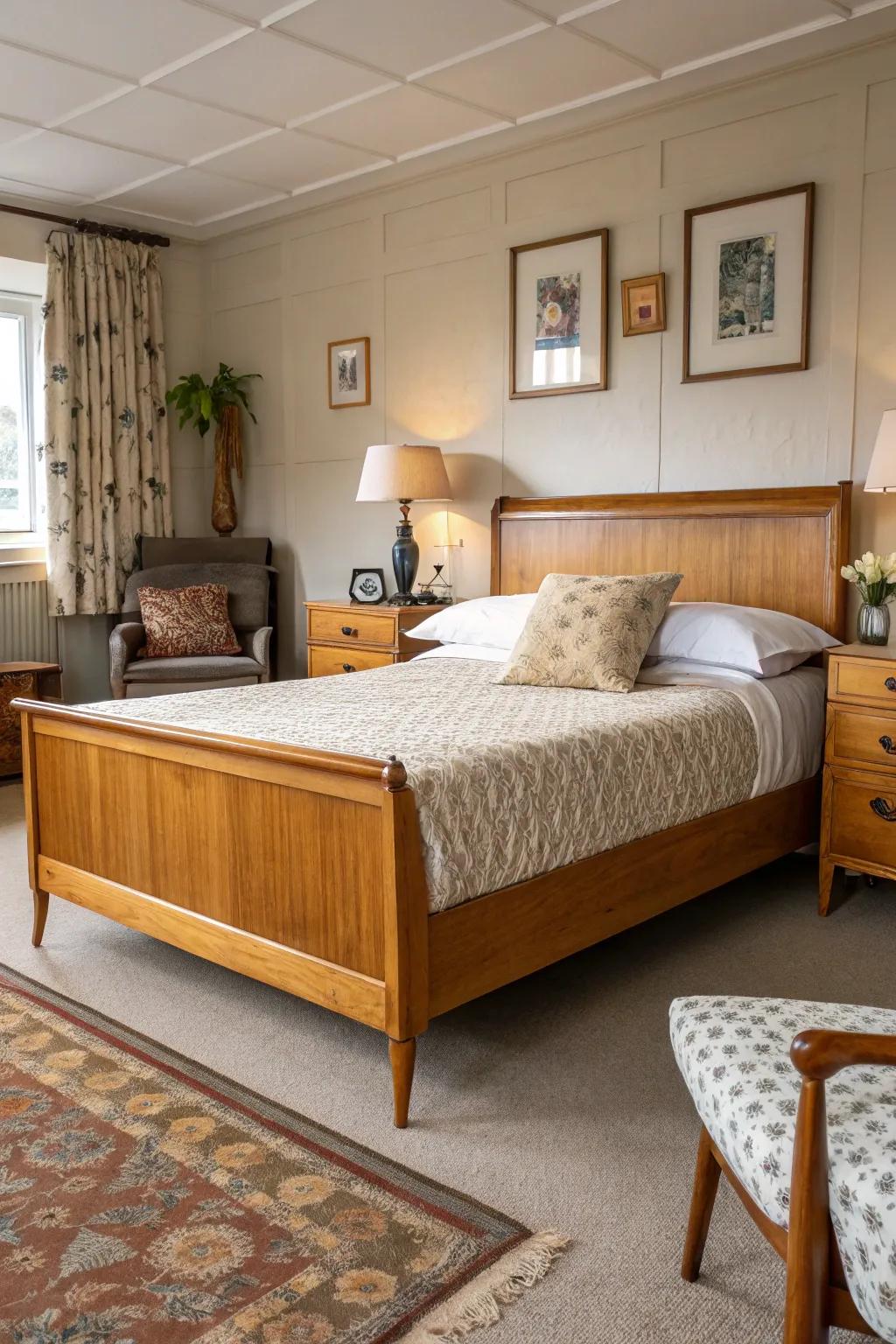 The mid-century modern style imparts timeless charm to this wooden bed.