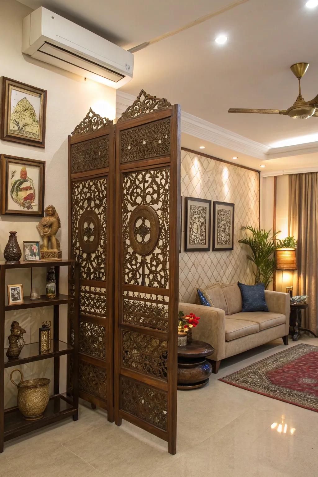 Artistic carvings on timber partitions make a stunning focal point in this elegant room.