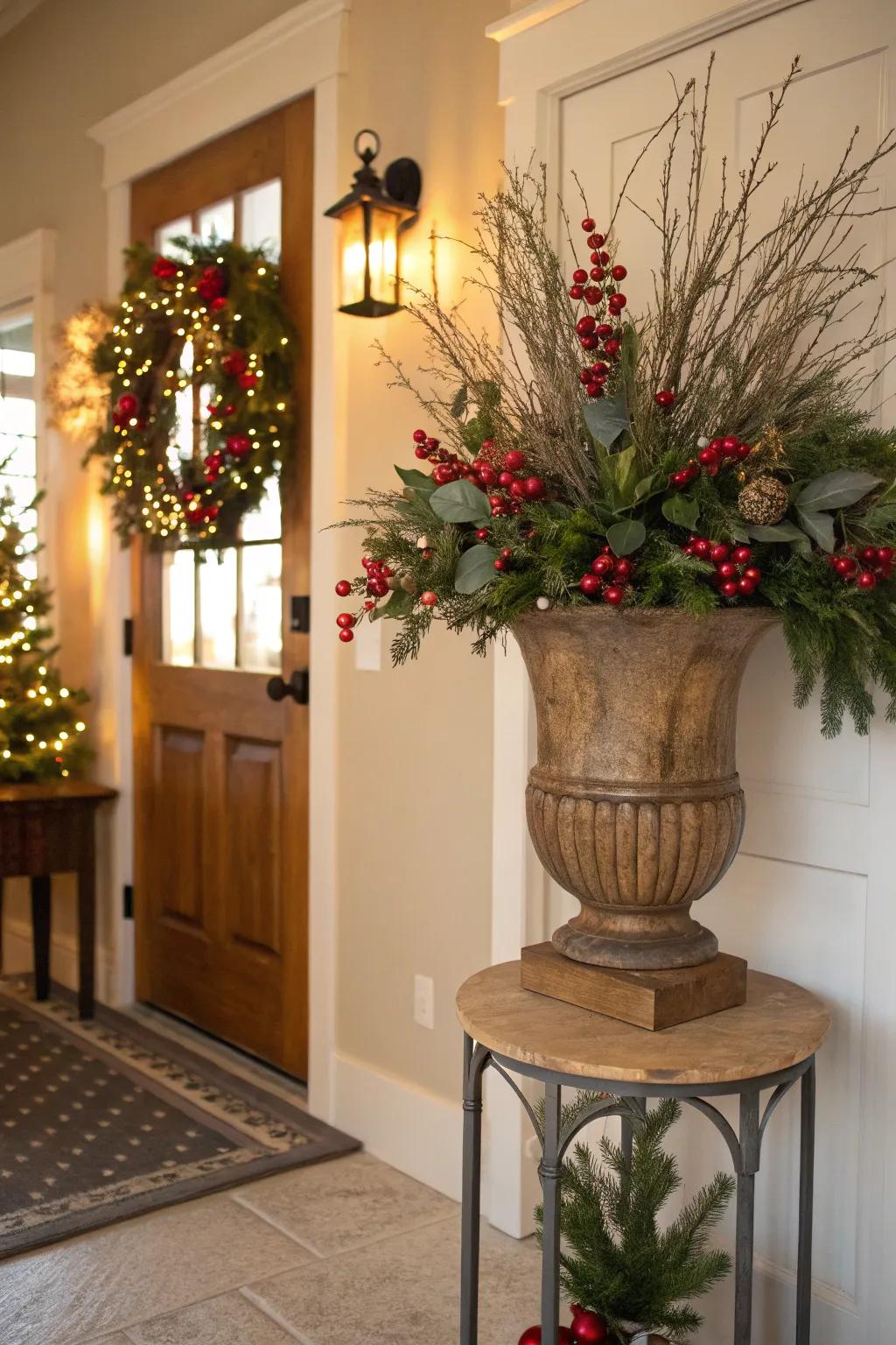 Usher in the holiday spirit through timber vases adorned with festive embellishments, meticulously arranged to evoke a sense of joyous celebration.