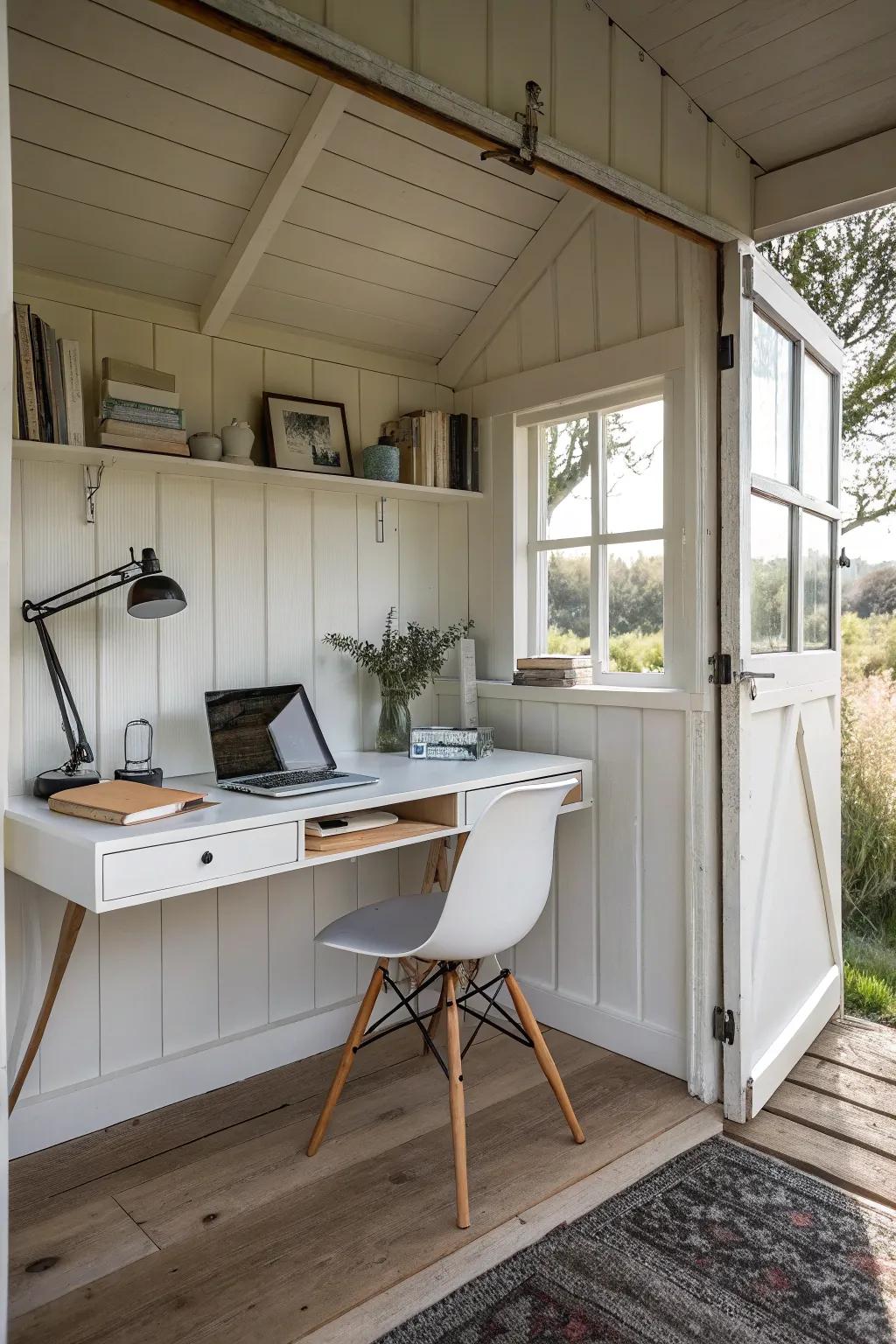 A space-saving writing shed with a stylish floating desk.