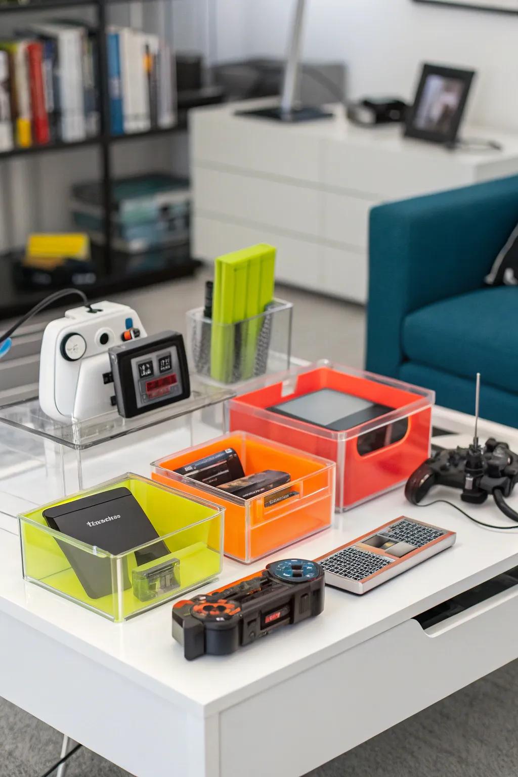 Technologically inspired decor items blend style and functionality in a Y2K room.