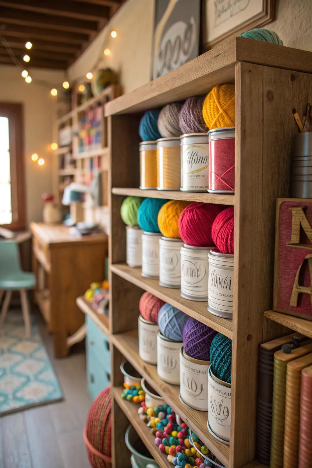 Re-purposed coffee cans offer quirky and sustainable yarn storage.