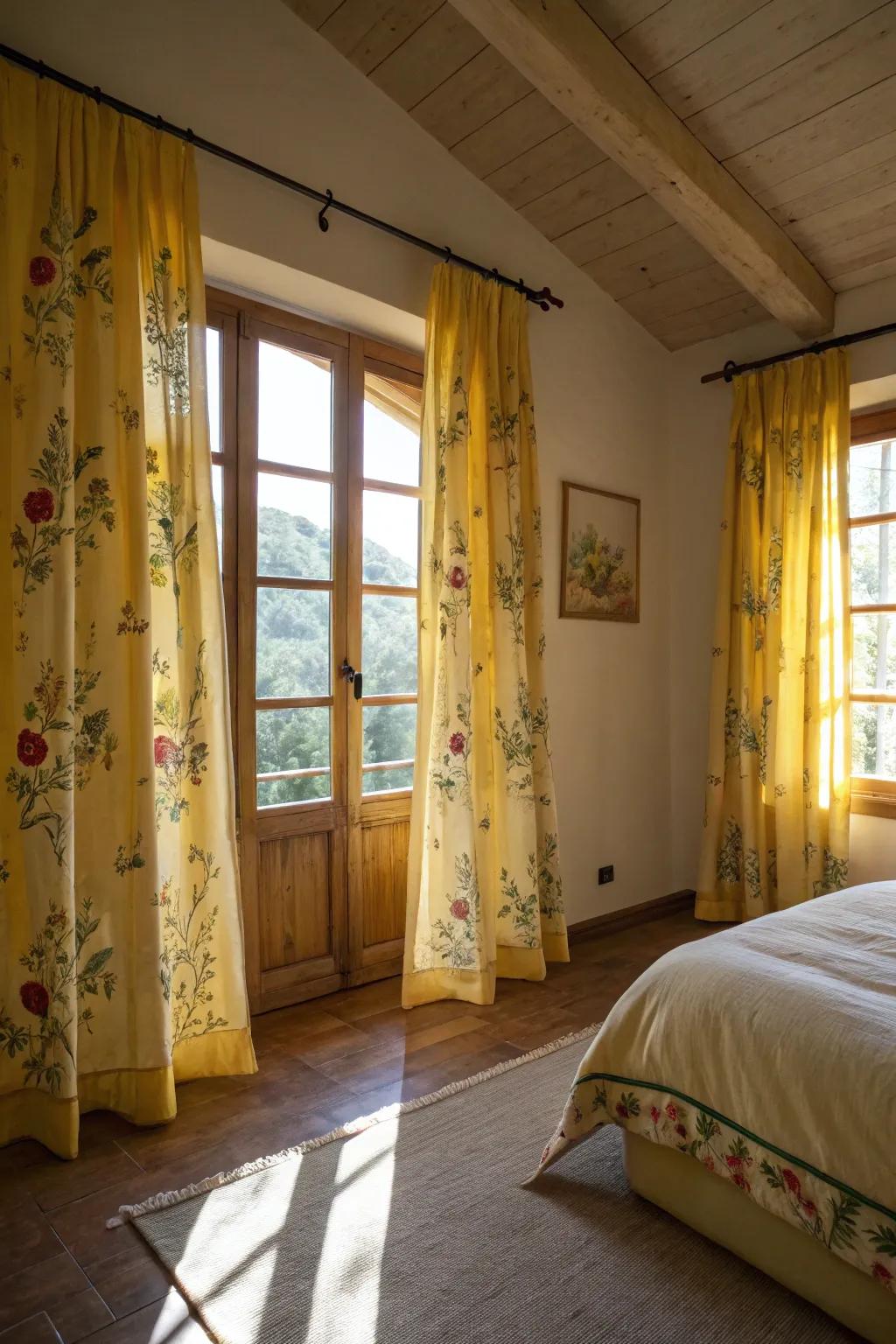 Floral and leaf-patterned gold curtains bring a touch of nature into the bedroom.
