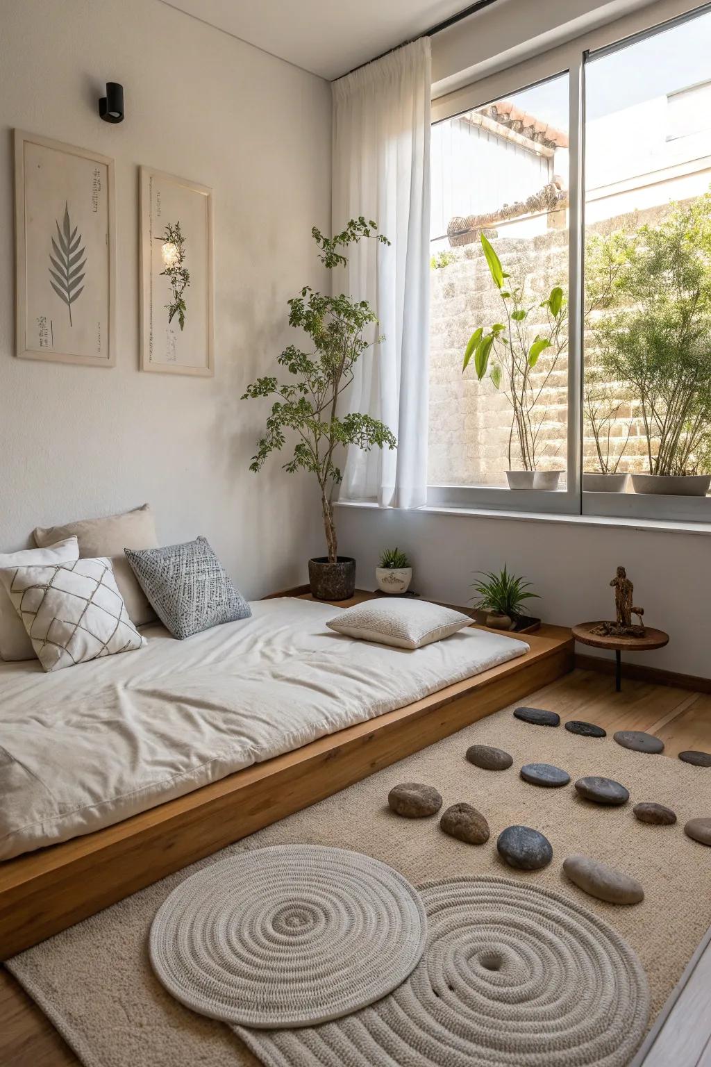 A zen garden corner provides a space of peace for reflection.