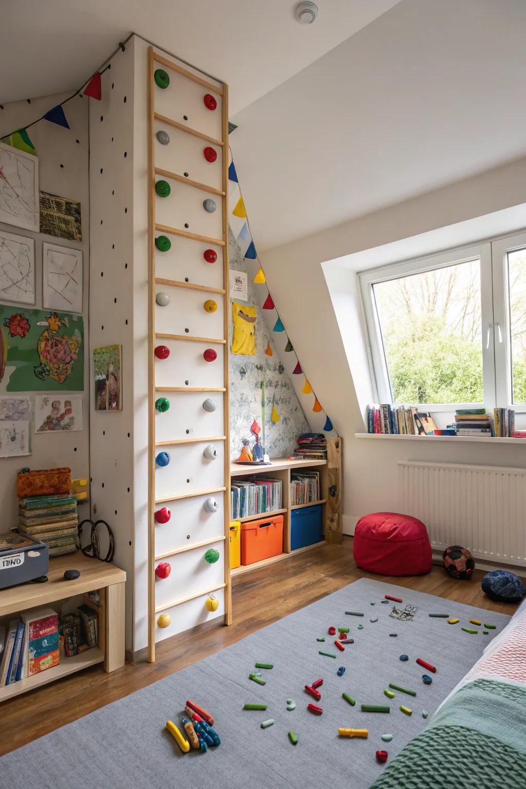 A bouldering wall introduces adventure and encourages physical activity.