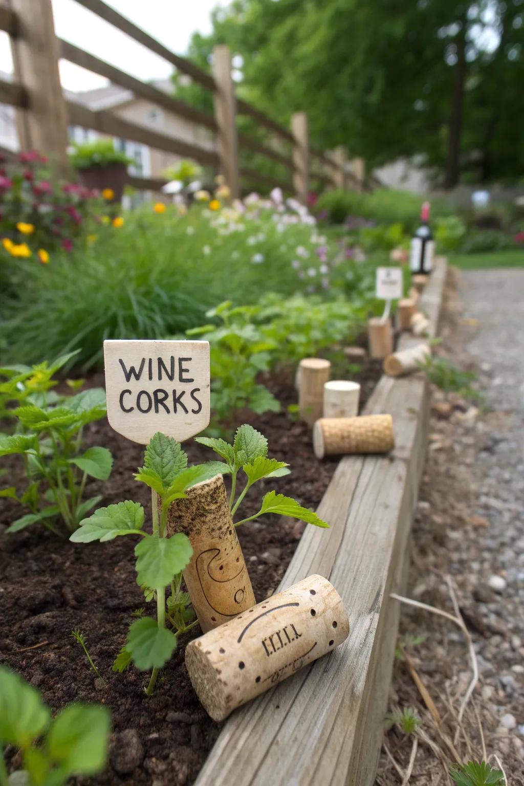 Corks add a touch as plant markers.