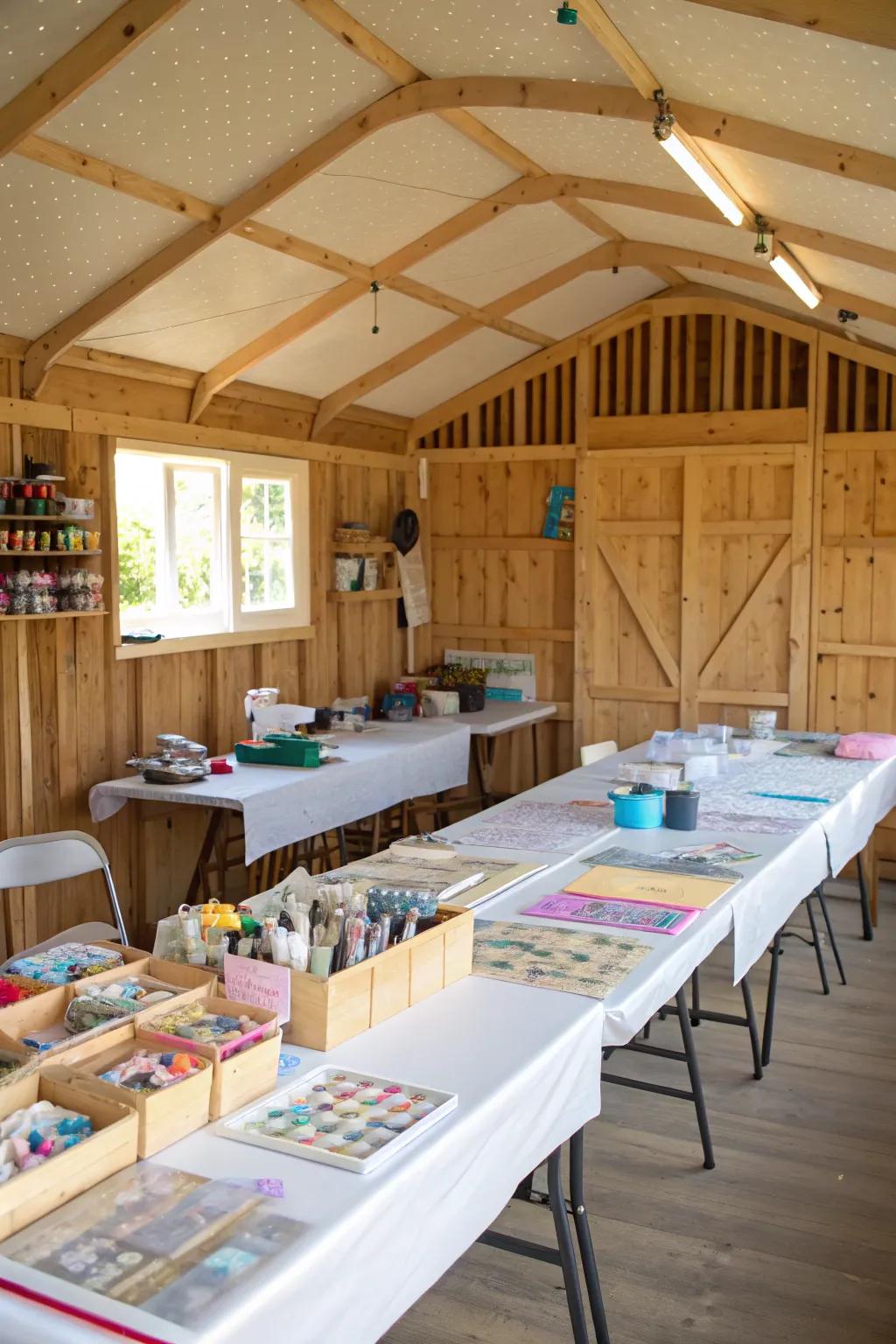 A craft studio with organized materials and ample workspace.
