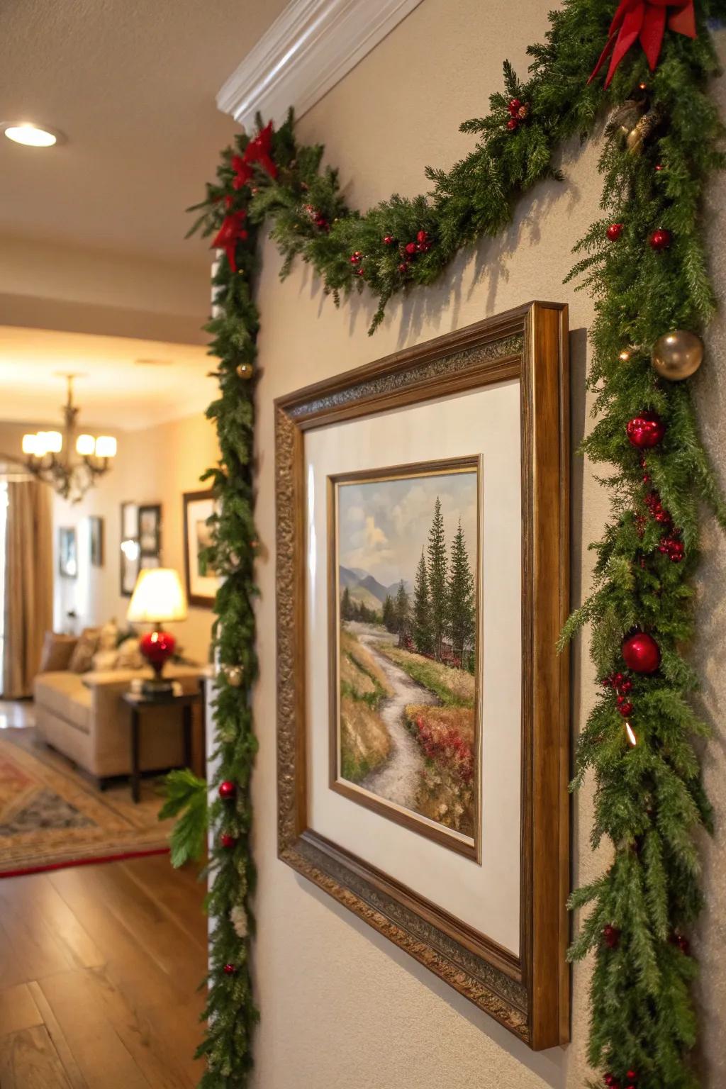 Wreaths frame artistic creations, affixing celebratory panache to partitions.