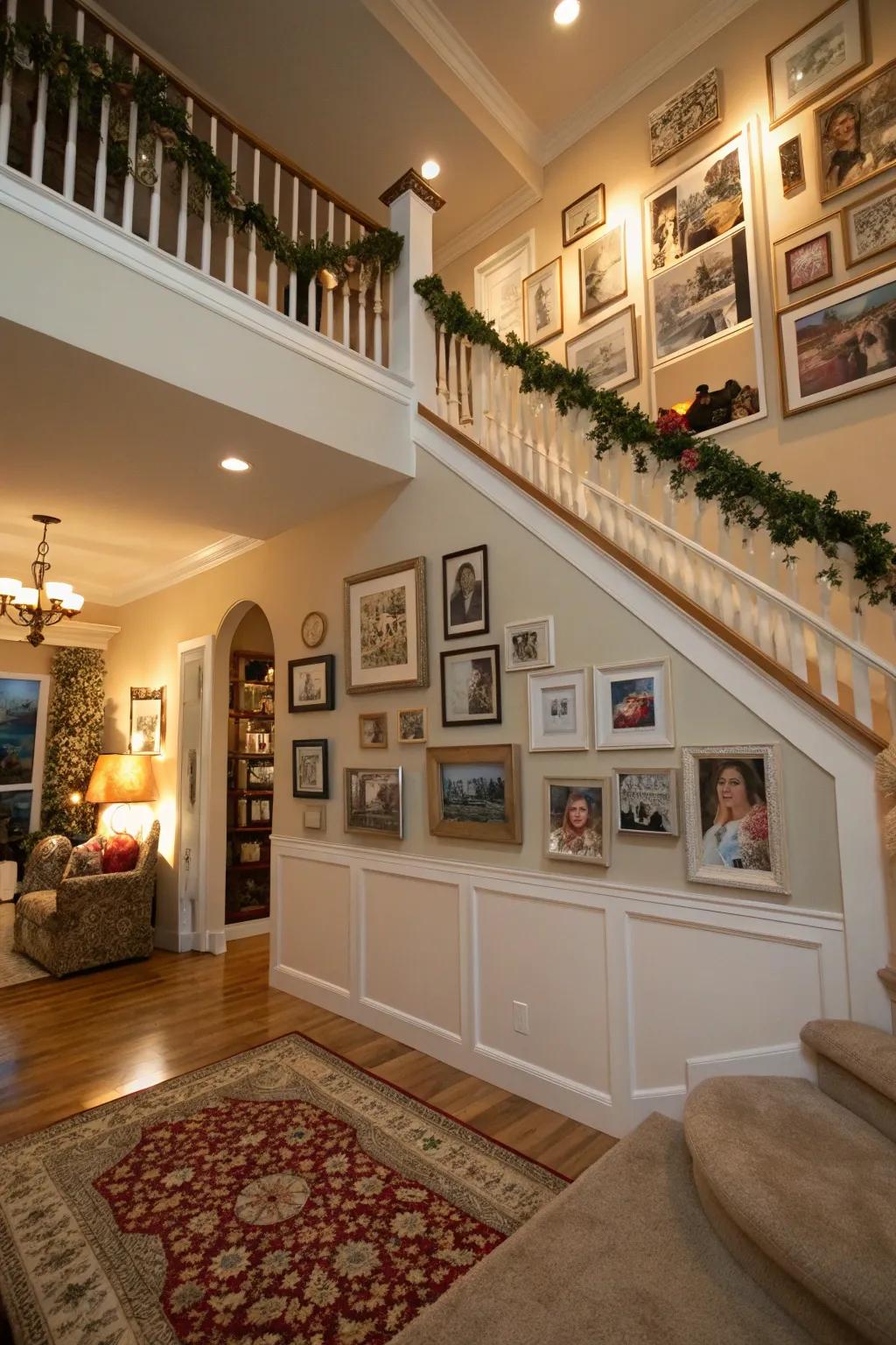 Personal accents such as family portraits add warmth to the entryway.