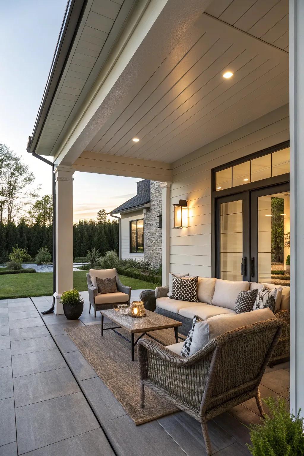 A cozy seating zone transforms the porch into an ideal sanctuary.