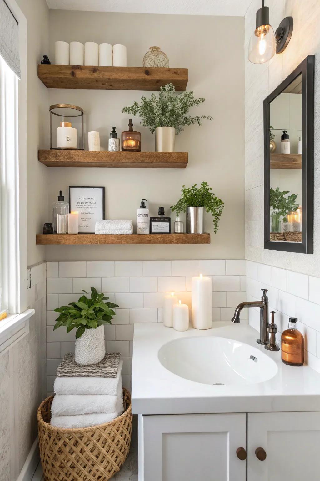 Hanging racks offer practical storage with a minimalist touch.