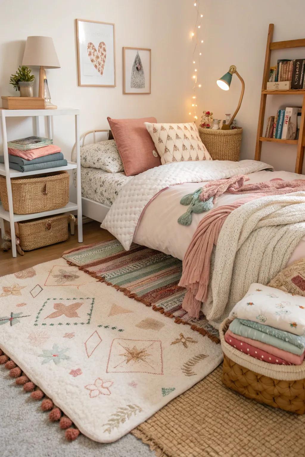 Layered materials deliver warmth and comfort to the space.