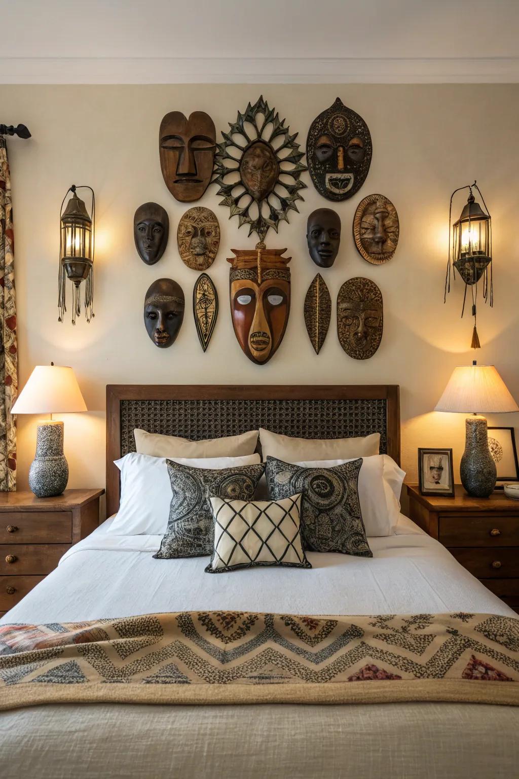 An unusual mask display gives the space above the bed personality.