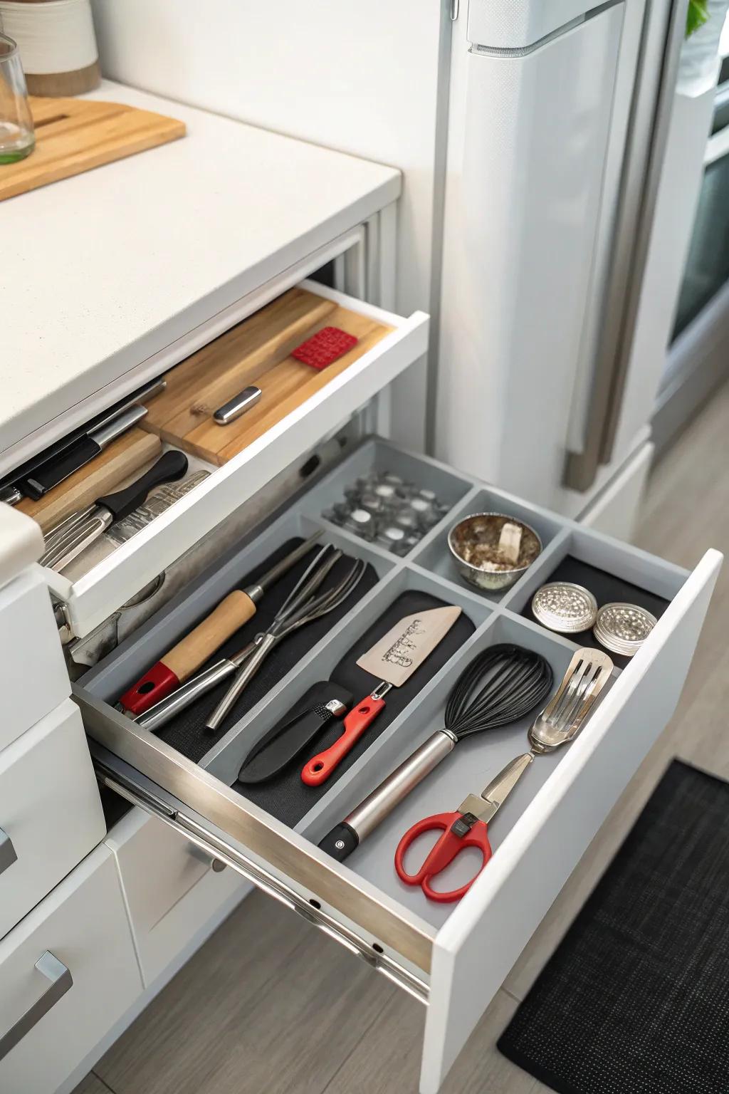 A pull-out organizer right above the fridge for simple storage.