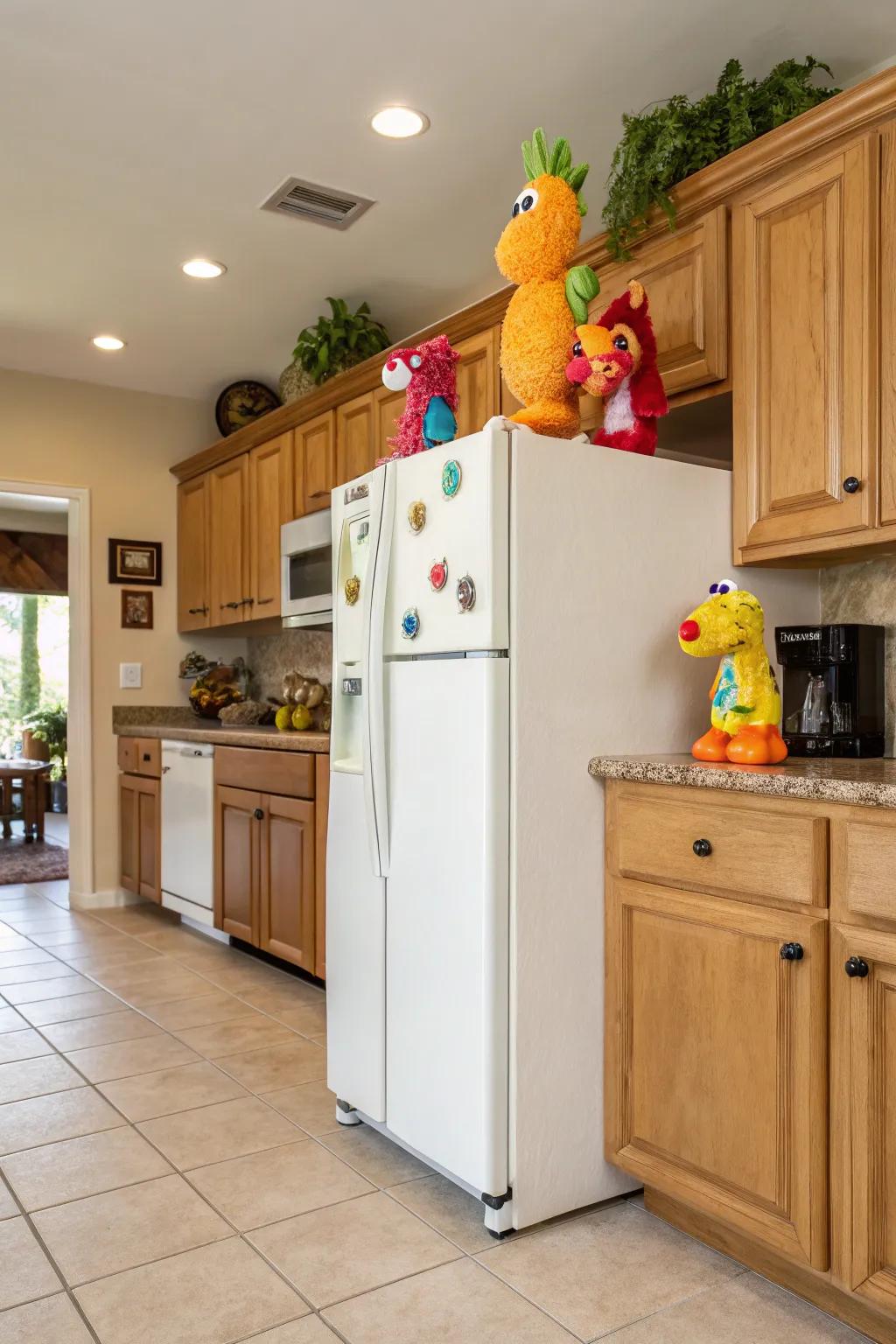 Figurines add a pop of color and visual interest above the fridge.