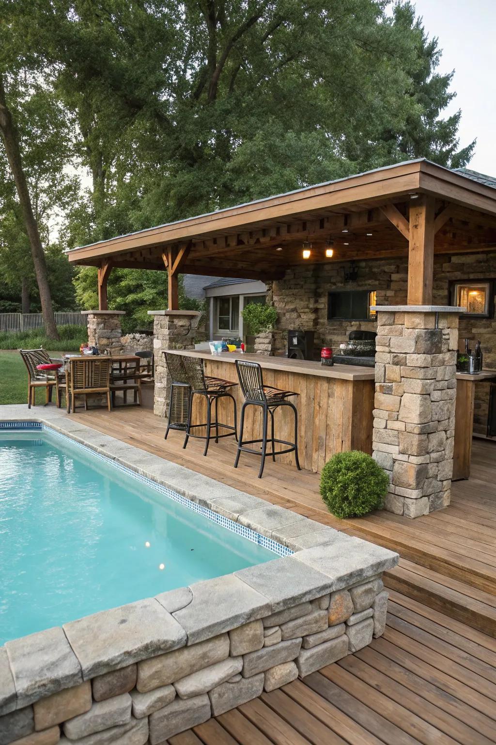 Stone features add rustic charm to your poolside bar.