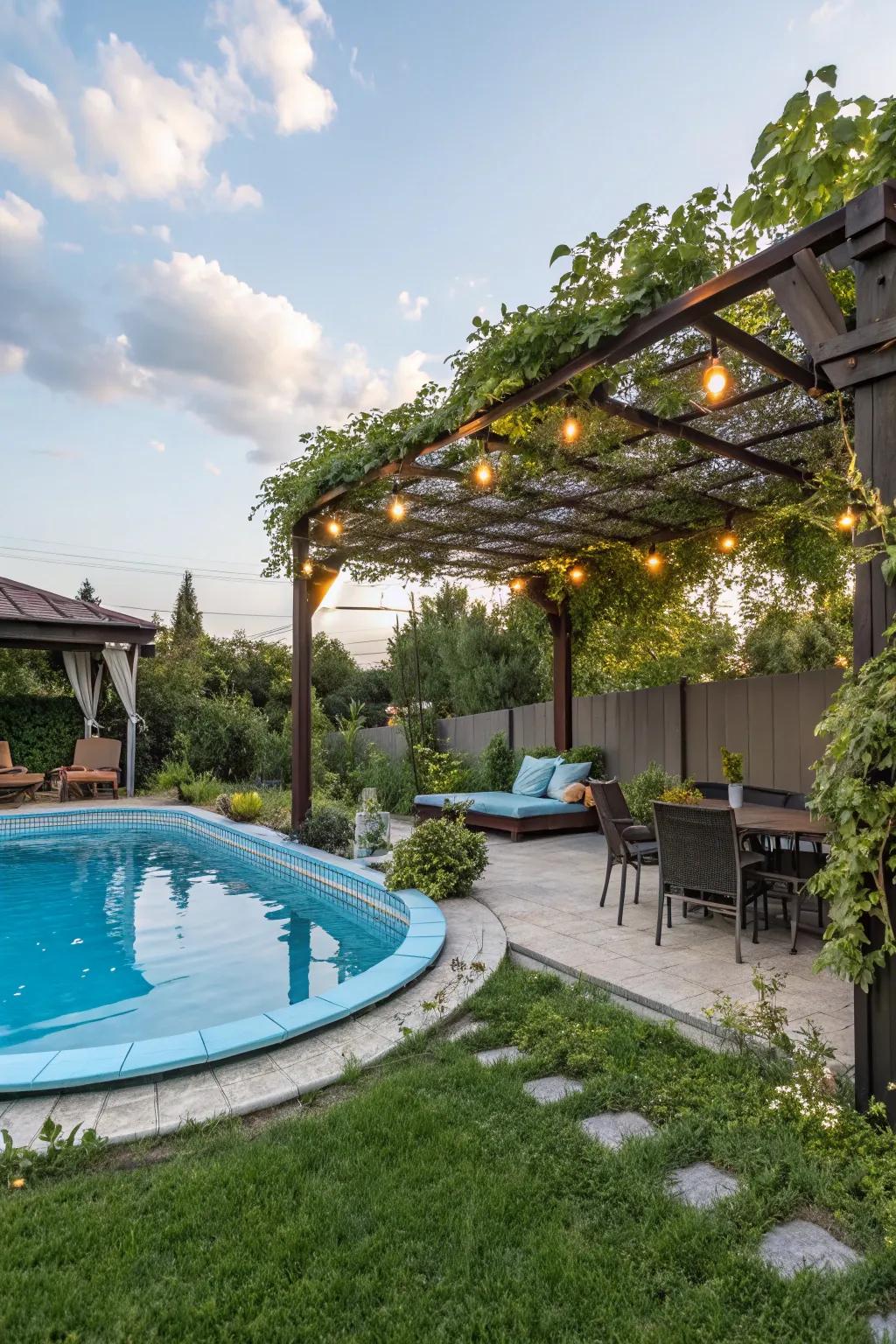 A pergola offers both shade and aesthetic appeal.