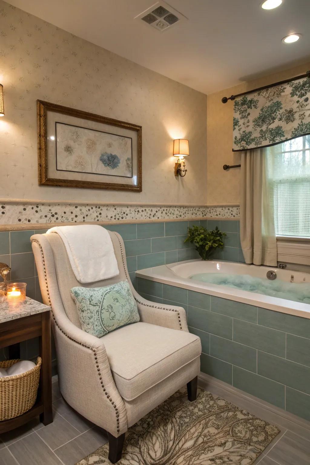 An accent chair in the washroom offers a spa-like retreat.