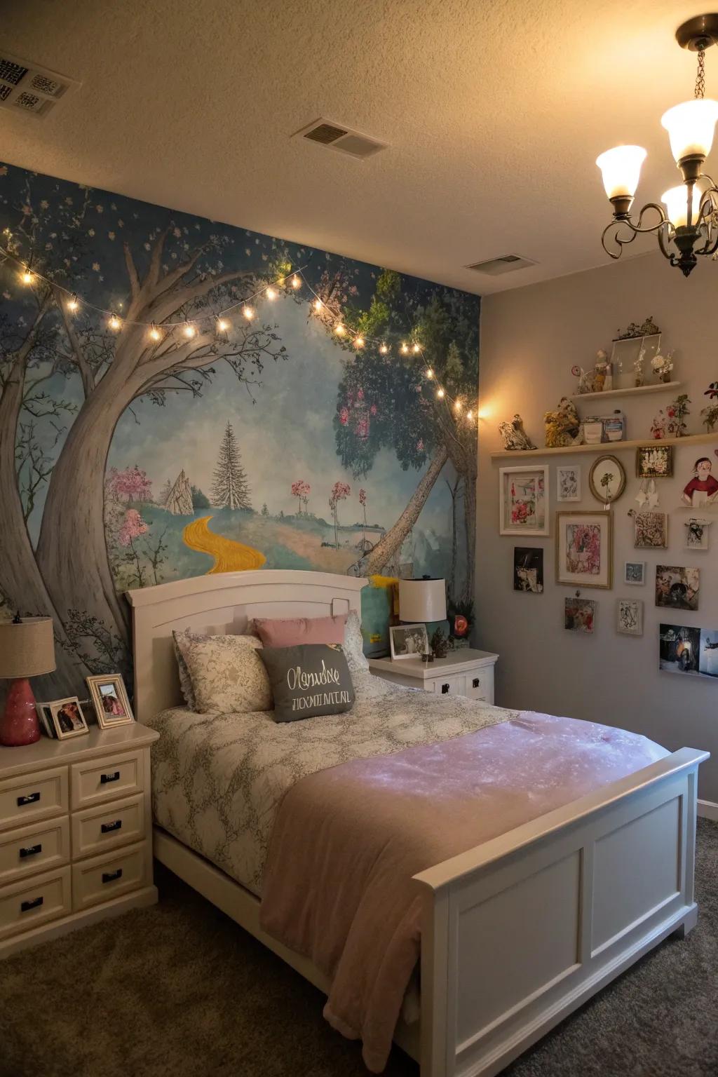 A bespoke painting on the accent wall introduces a personal and artistic touch to the bedroom.