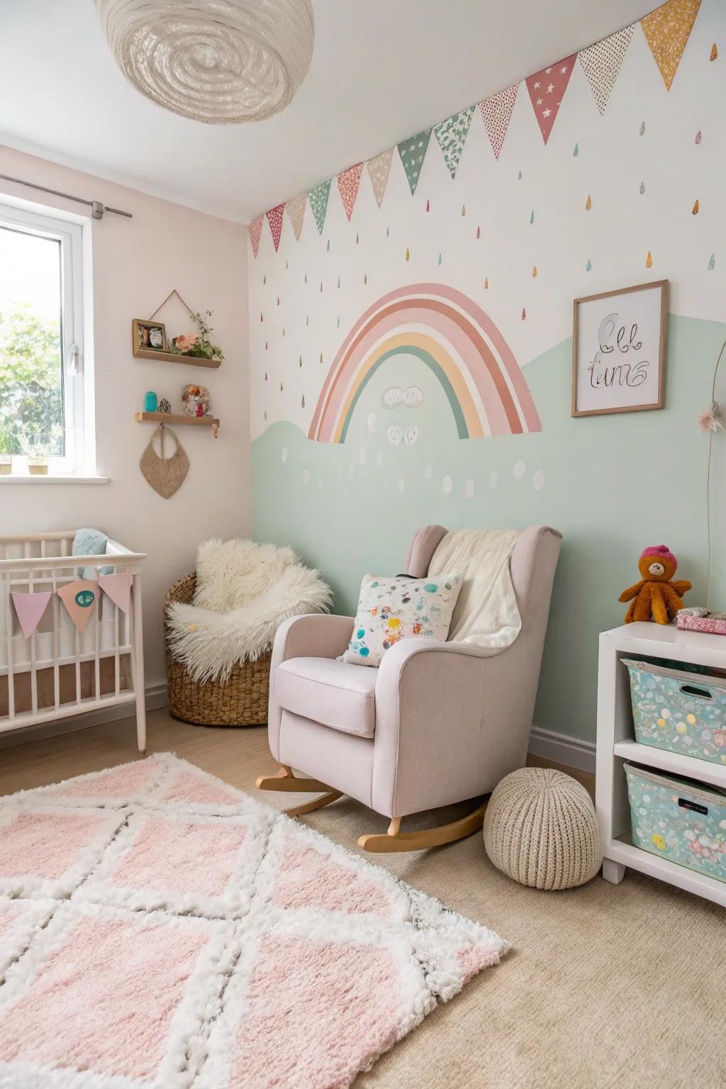 A nursery featuring a soft hue-colored accent wall for a soothing ambiance.