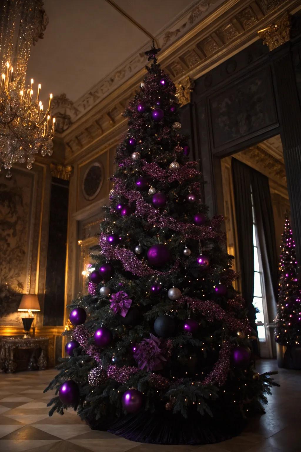 A dramatic Christmas tree showcasing bold hues to produce a dramatic stage presence.