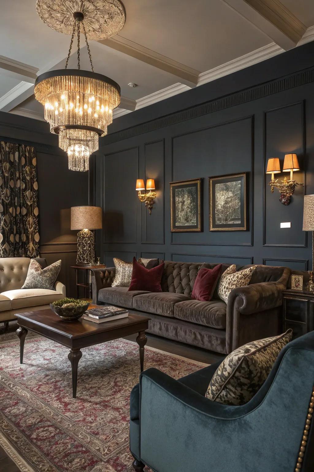 A sophisticated living space featuring deep hues.