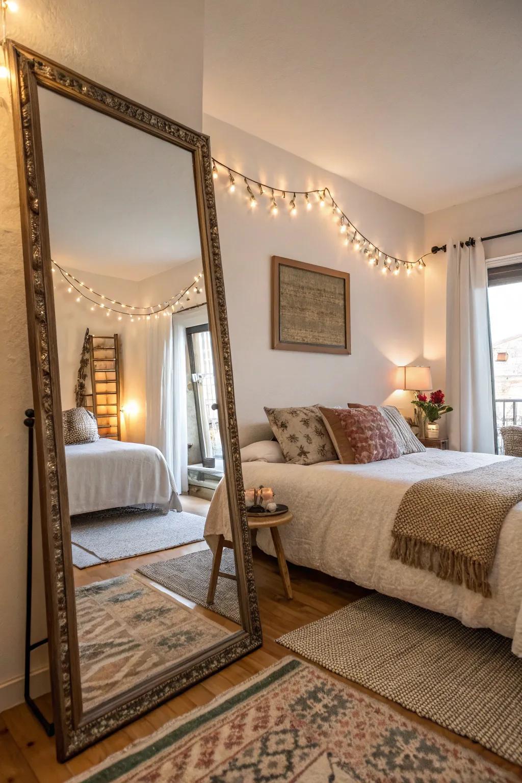 Reflectors amplify the sensation of space and light in an Airbnb bedroom.