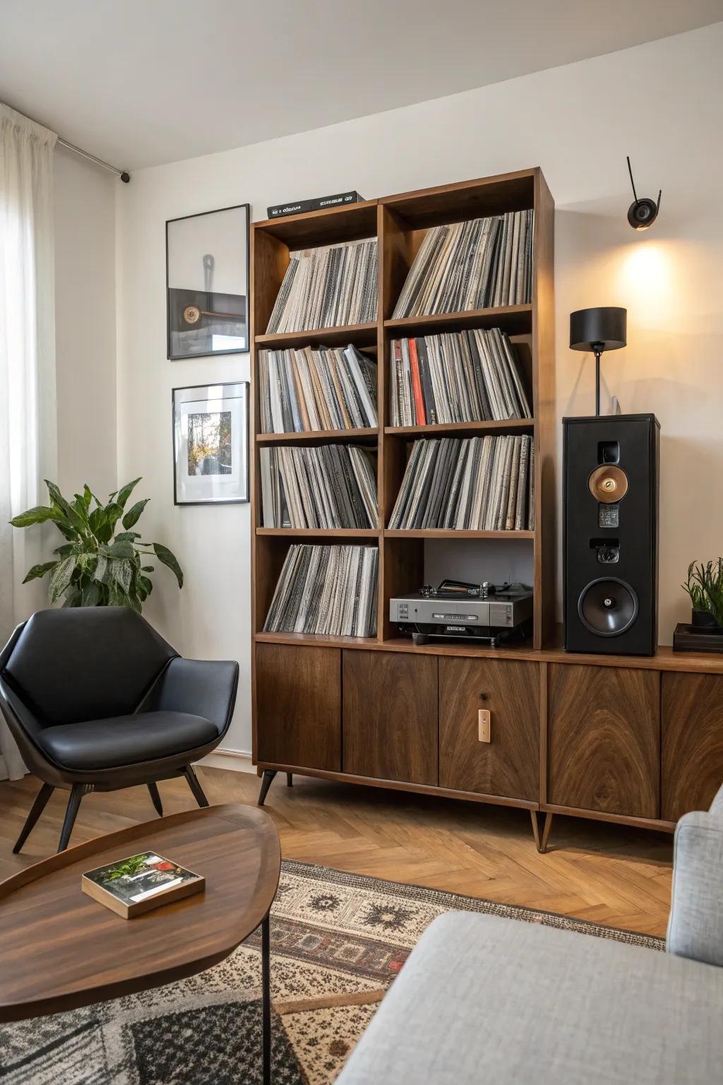 An expandable shelving unit accommodating an expanding collection of vinyl records.