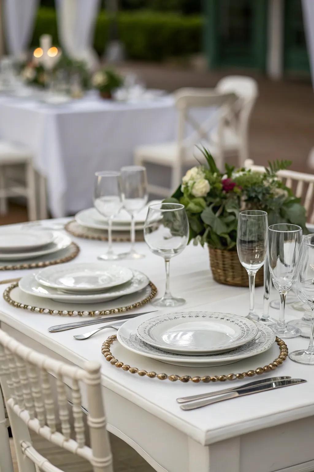 White table chargers elevate the formal dining experience.