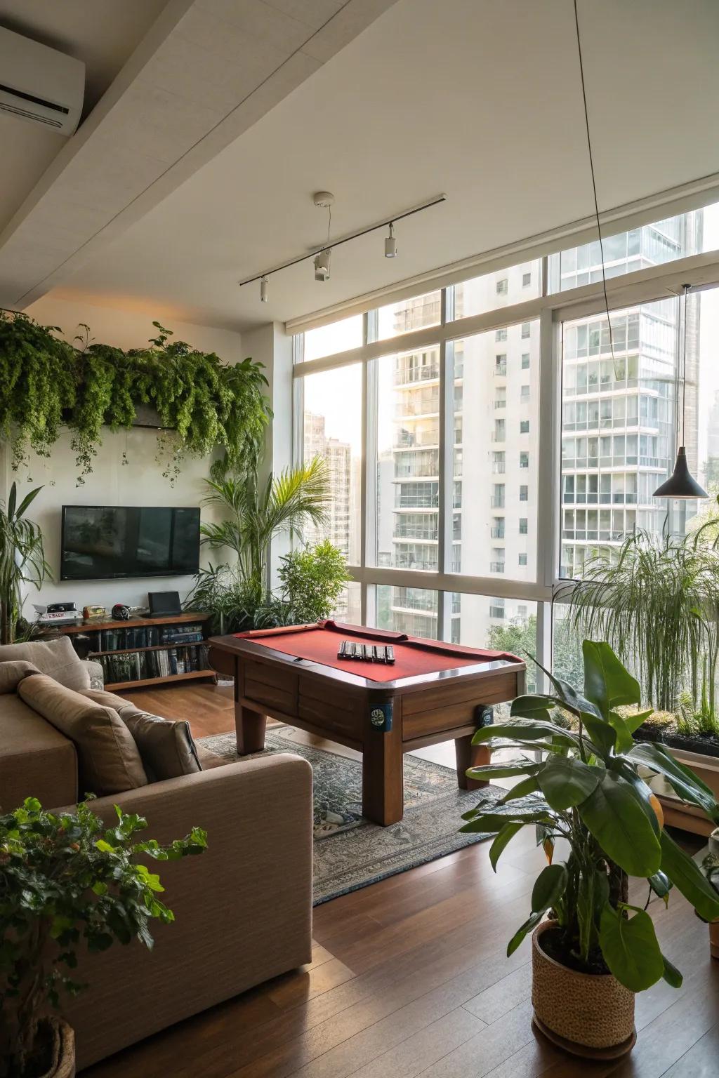 Living plants can contribute an invigorating and fresh element to your gaming room.