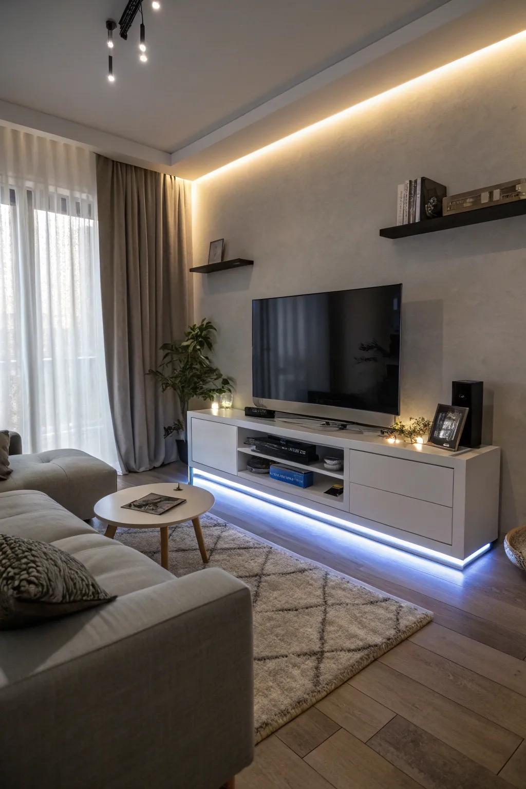 A living room with modern LED strips highlighting the media stand.
