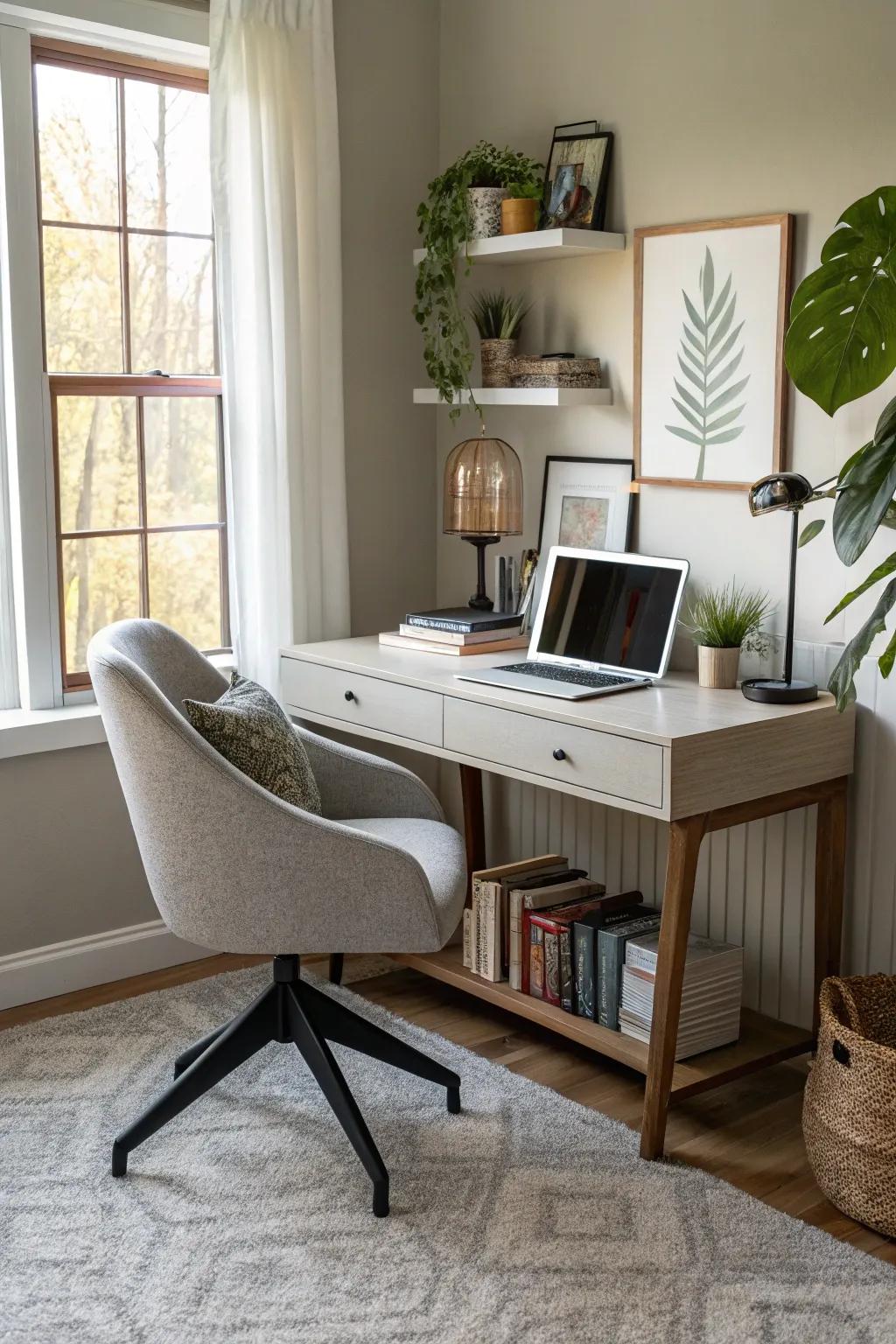 A stylish home office nook effortlessly integrated into the living room.