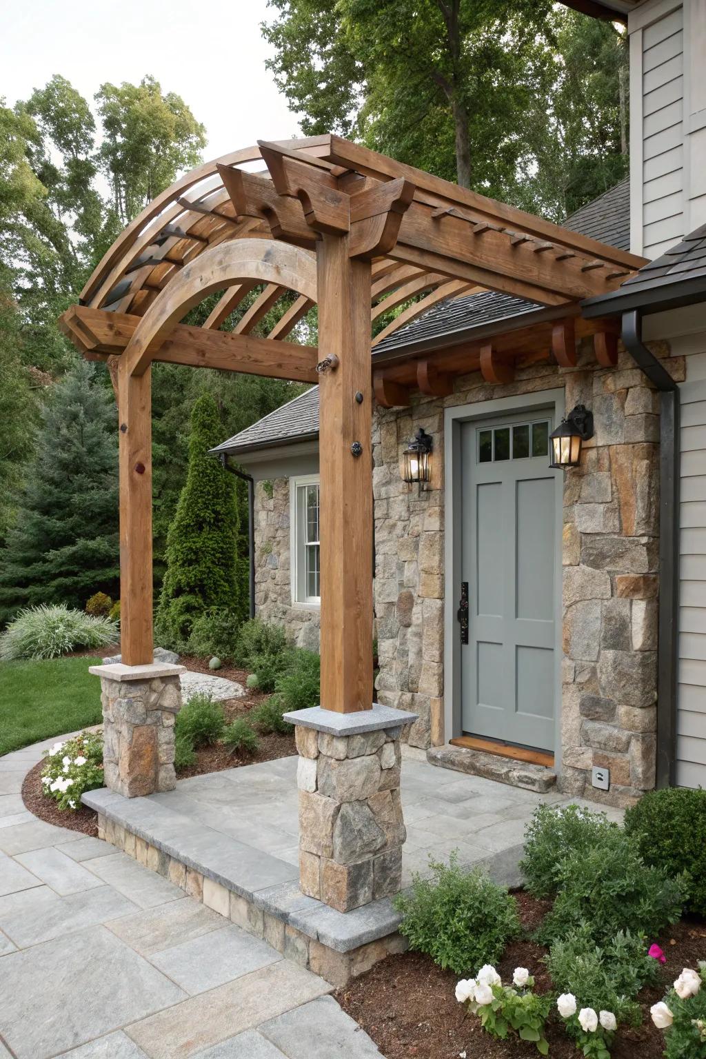 A rock and timber fusion arbor for a distinctive and resilient entrance.