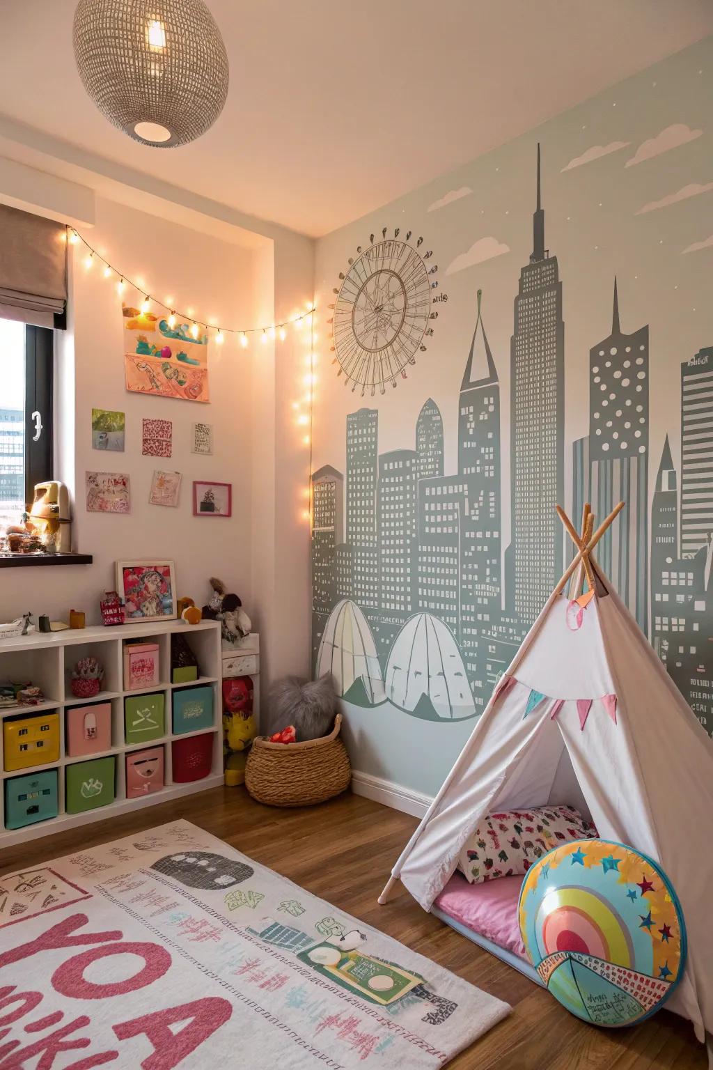 A DIY wall illustration of a city skyline transforms this child's space into a whimsical escape.