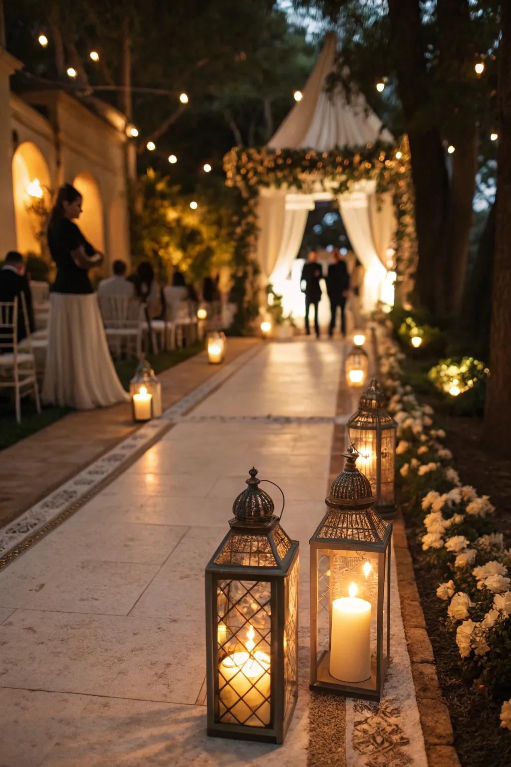 Taper-lit pathways fashion an amorous and spellbinding atmosphere.