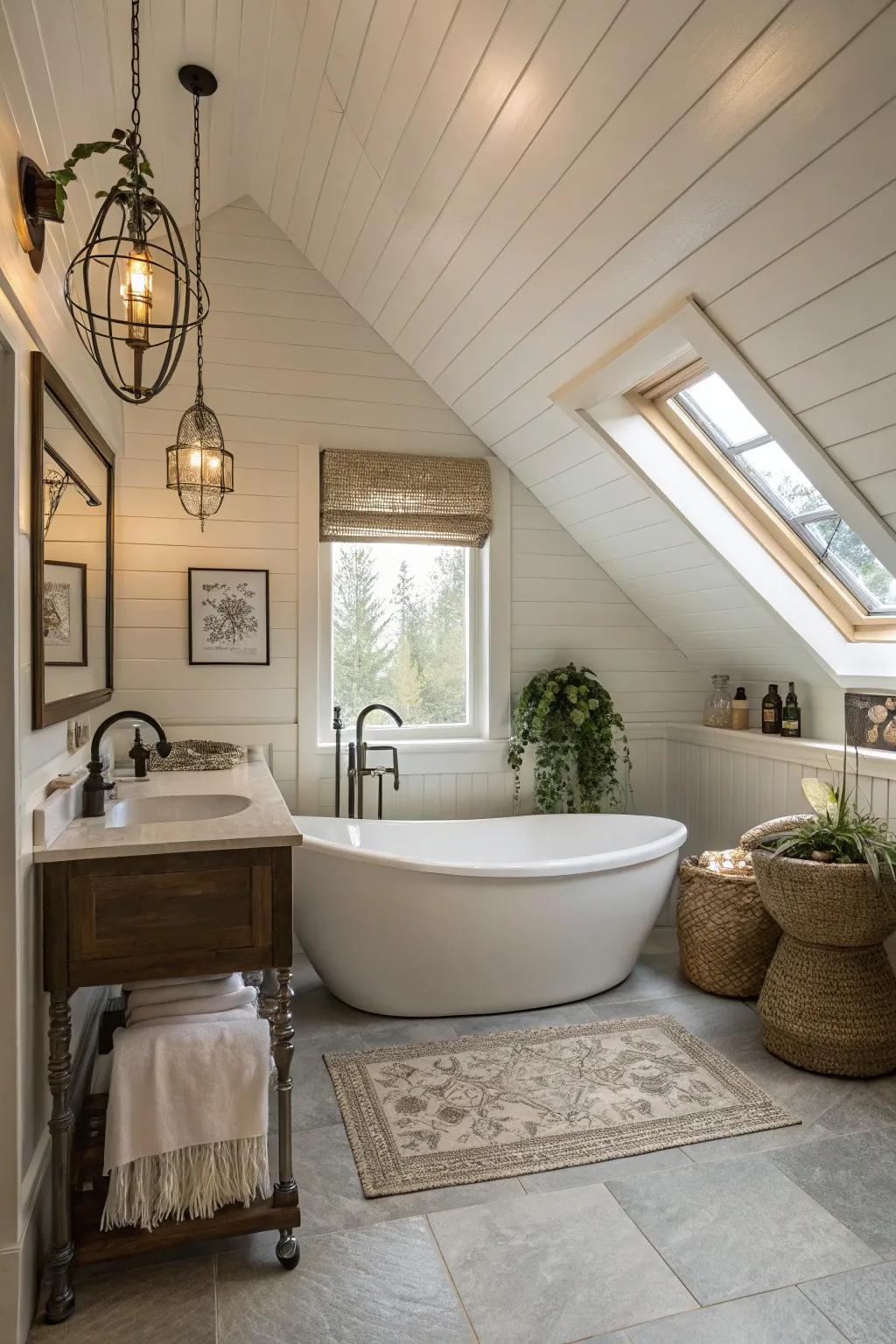 A bathroom retreat in the attic.