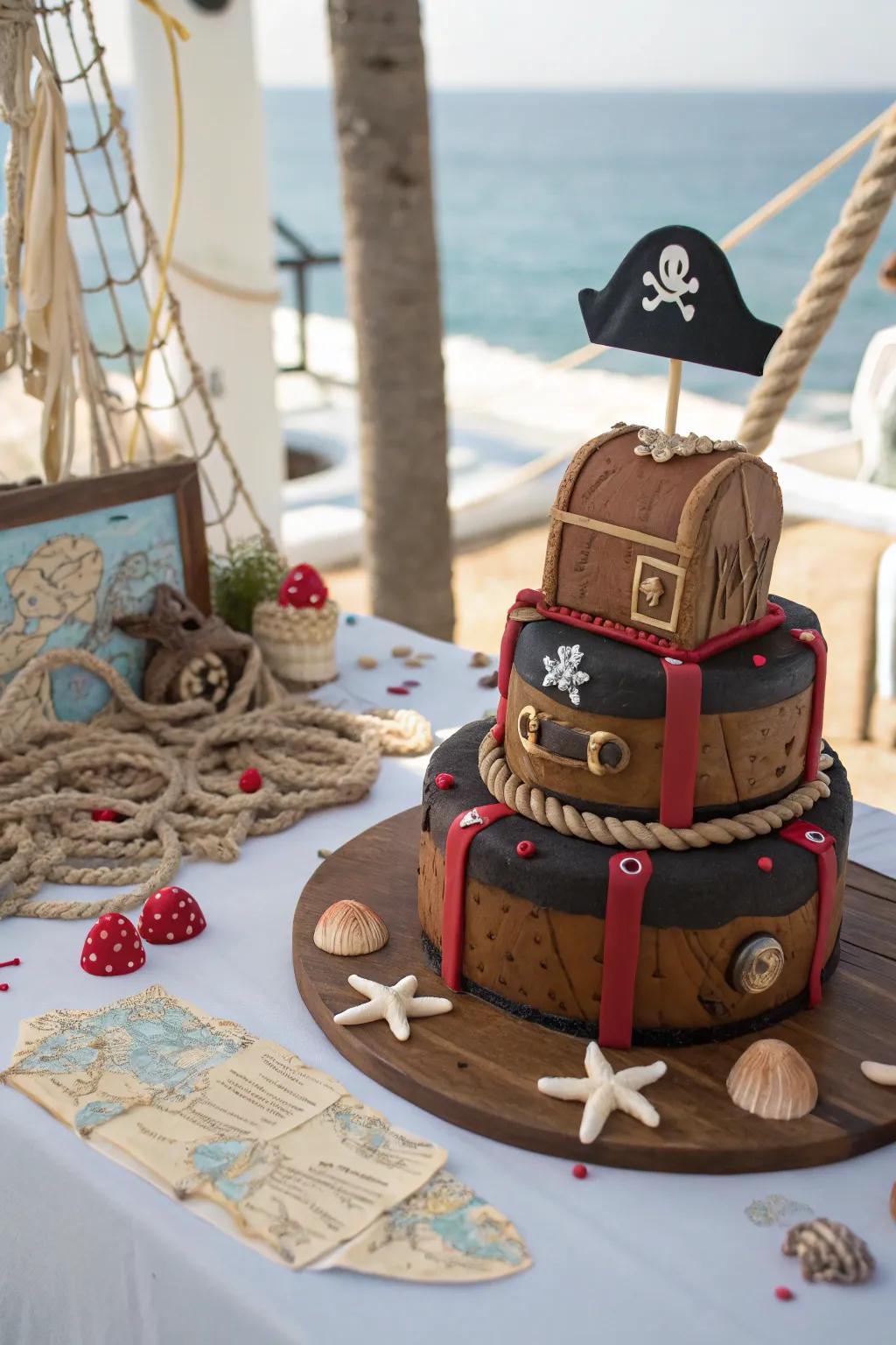 A robber-inspired cake featuring adventurous decorations.
