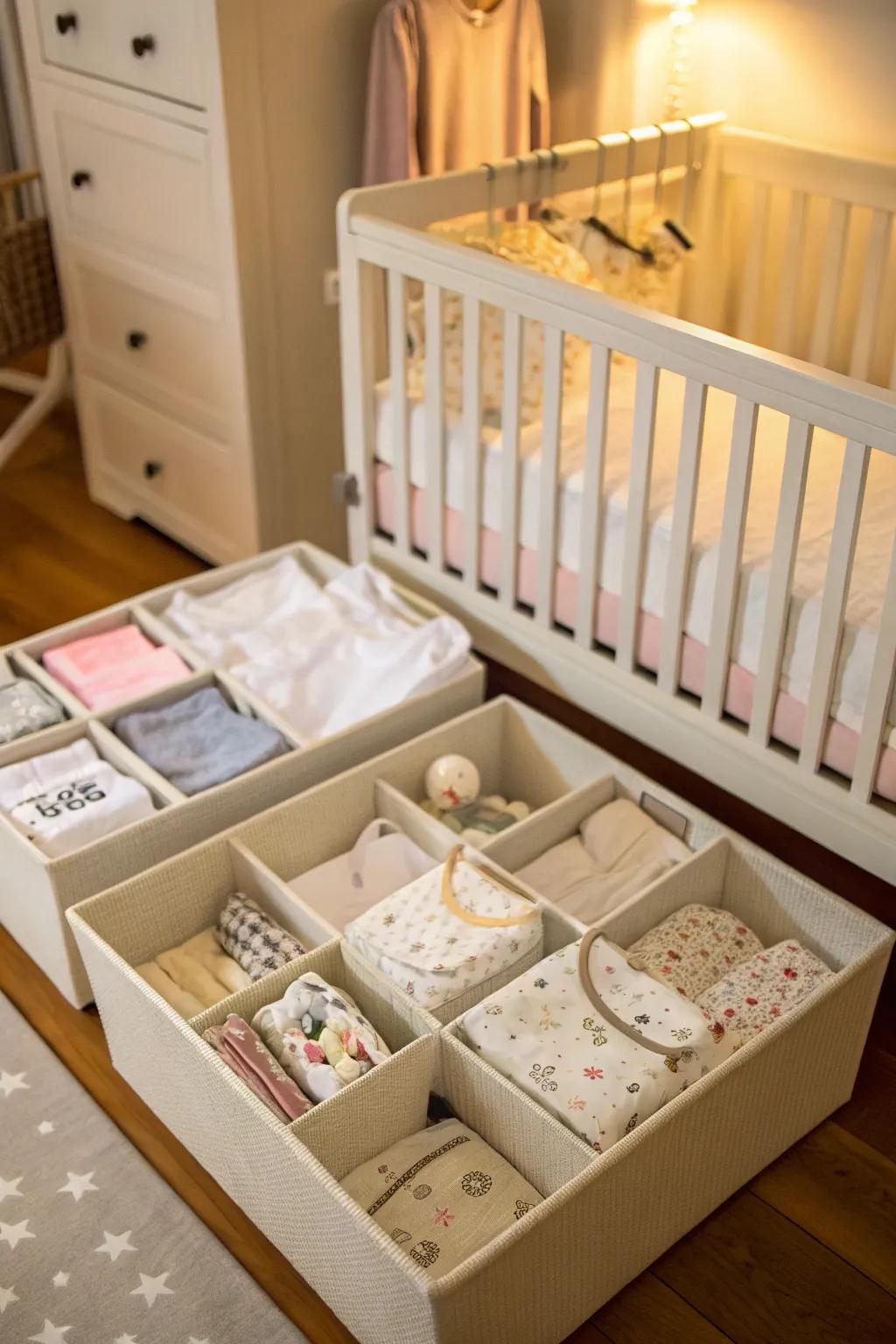 Under-crib storage maximizes unused space for baby clothes.