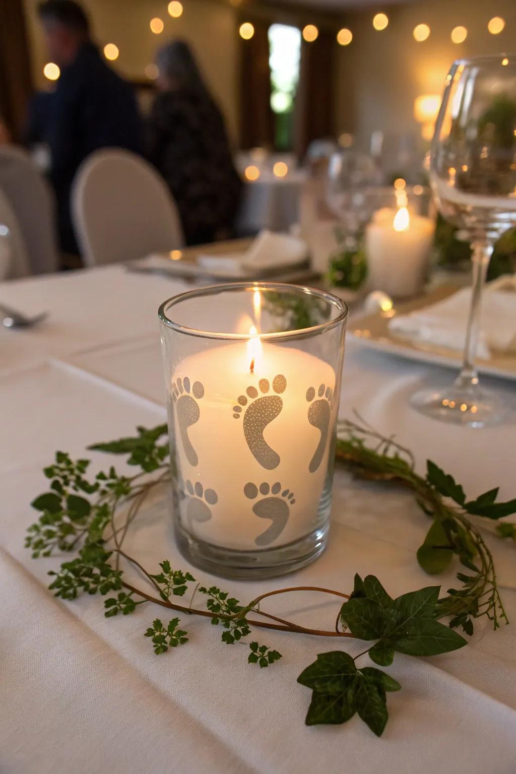 A radiant footprint candle pedestal illuminating recollections.