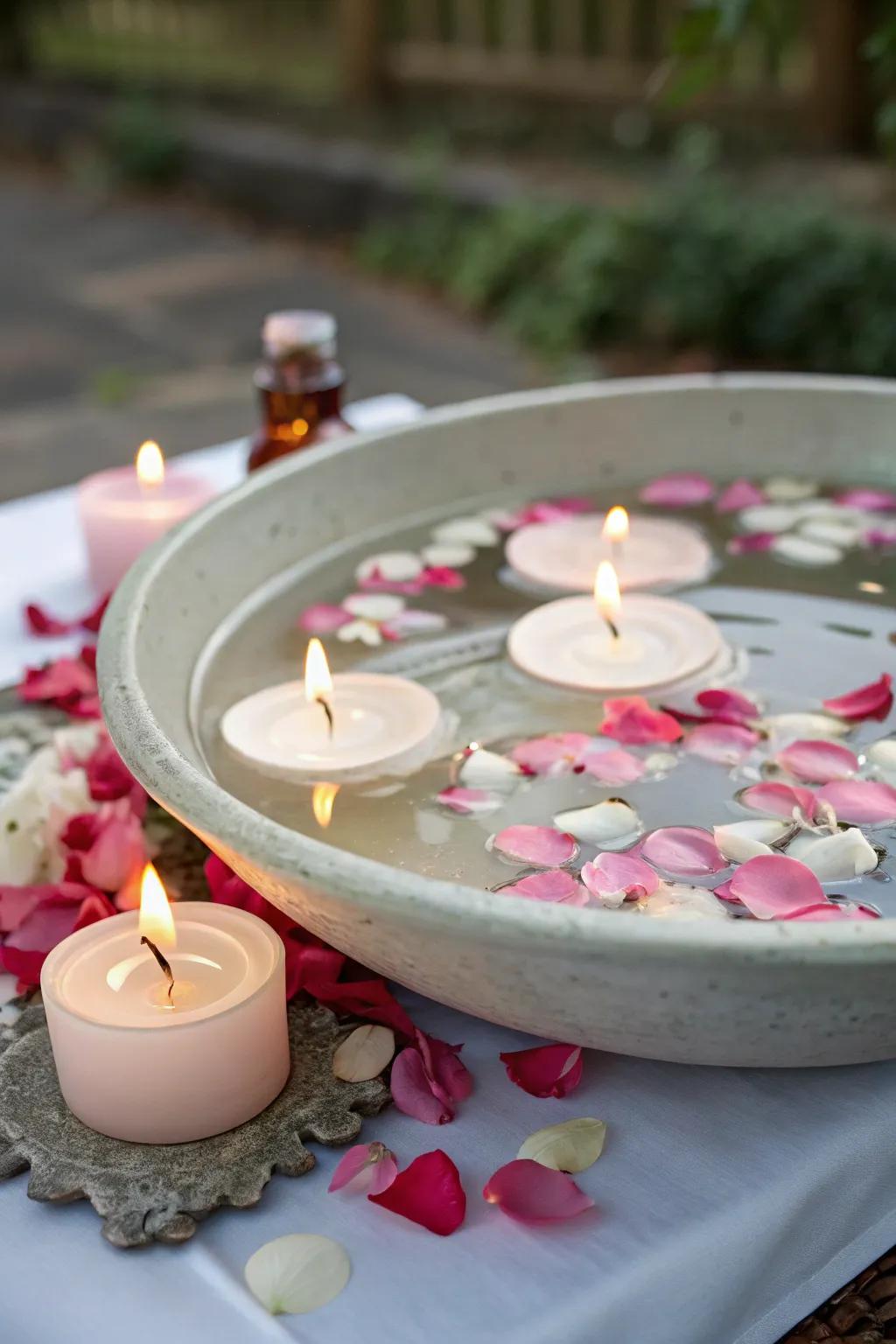 Inviting centerpiece featuring levitating candles and petals.