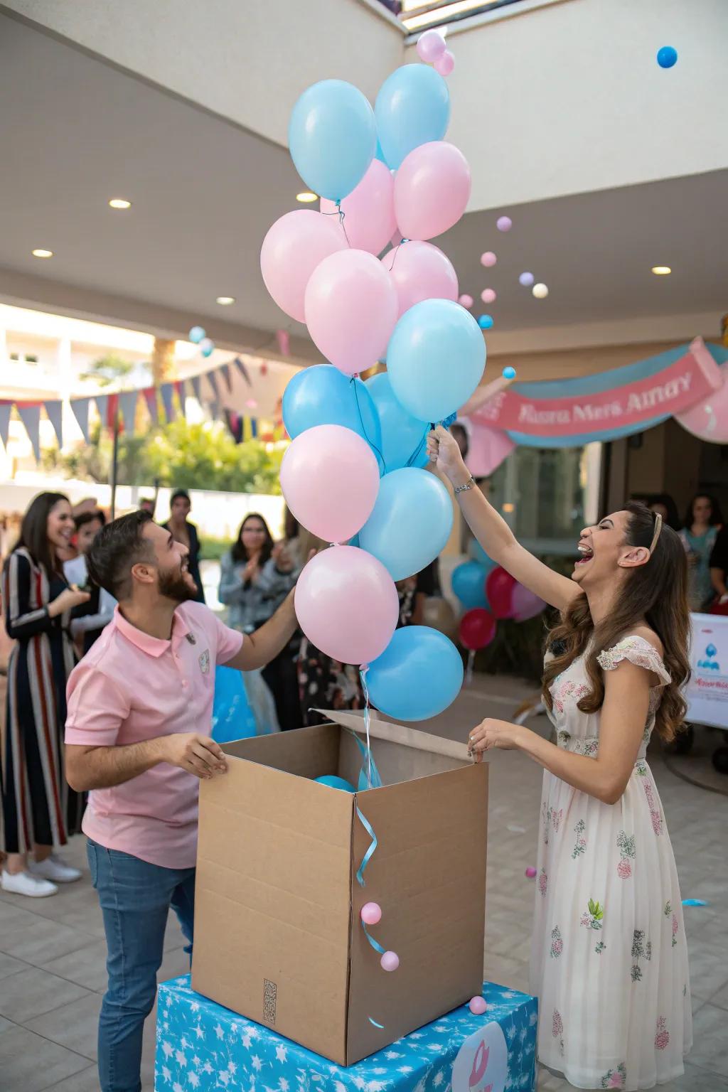 A gender reveal balloon box creates a memorable moment.