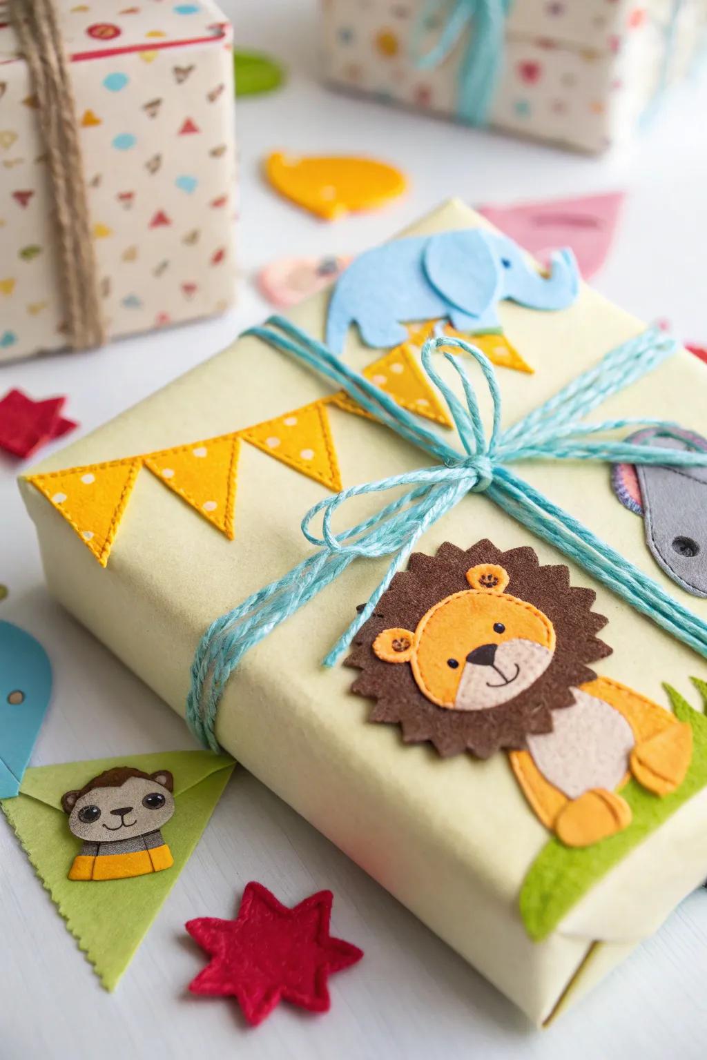 A playful offering adorned with textile creature cutouts, ideal for a baby shower.