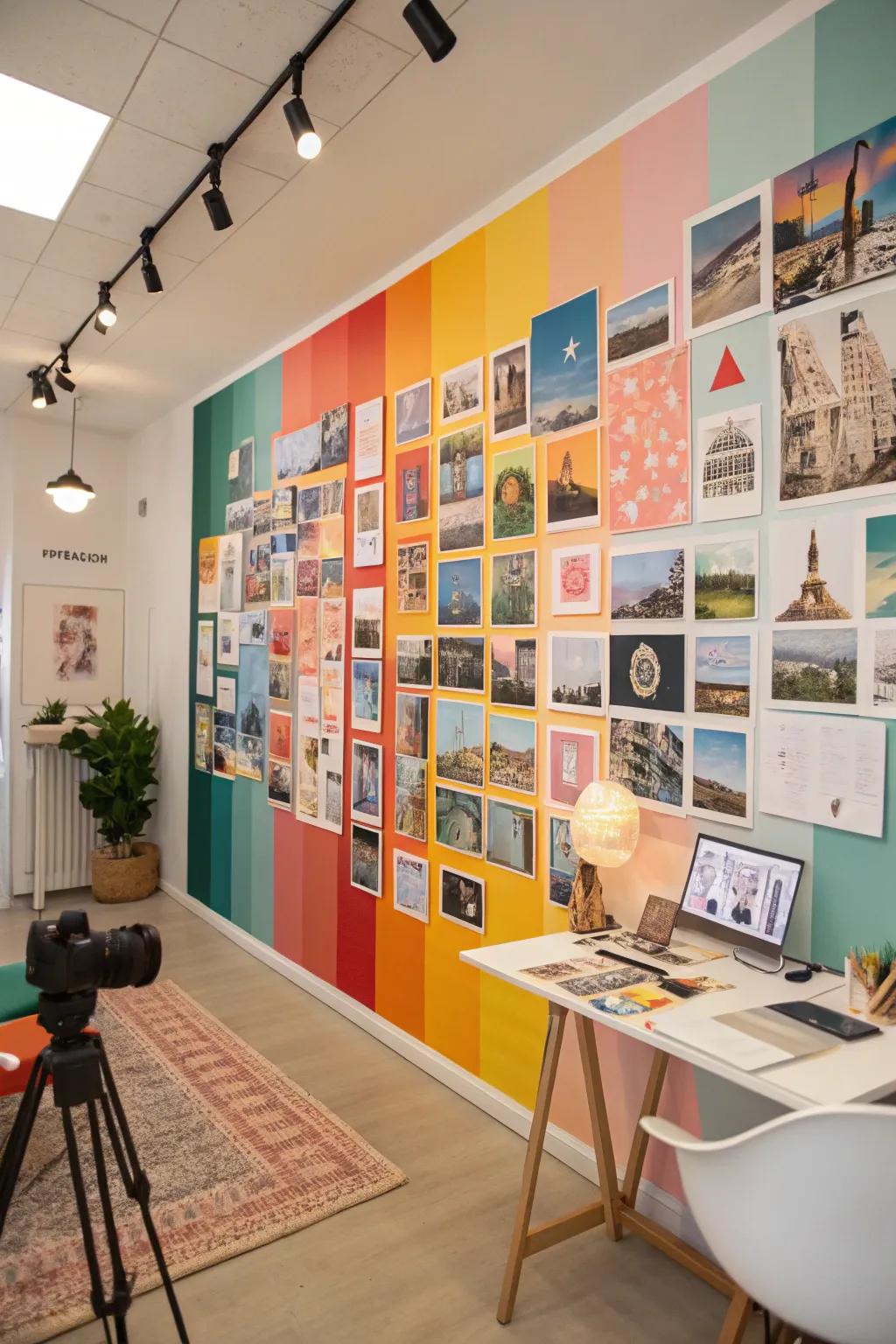 A studio with a colorful collage wall of postcards and prints.