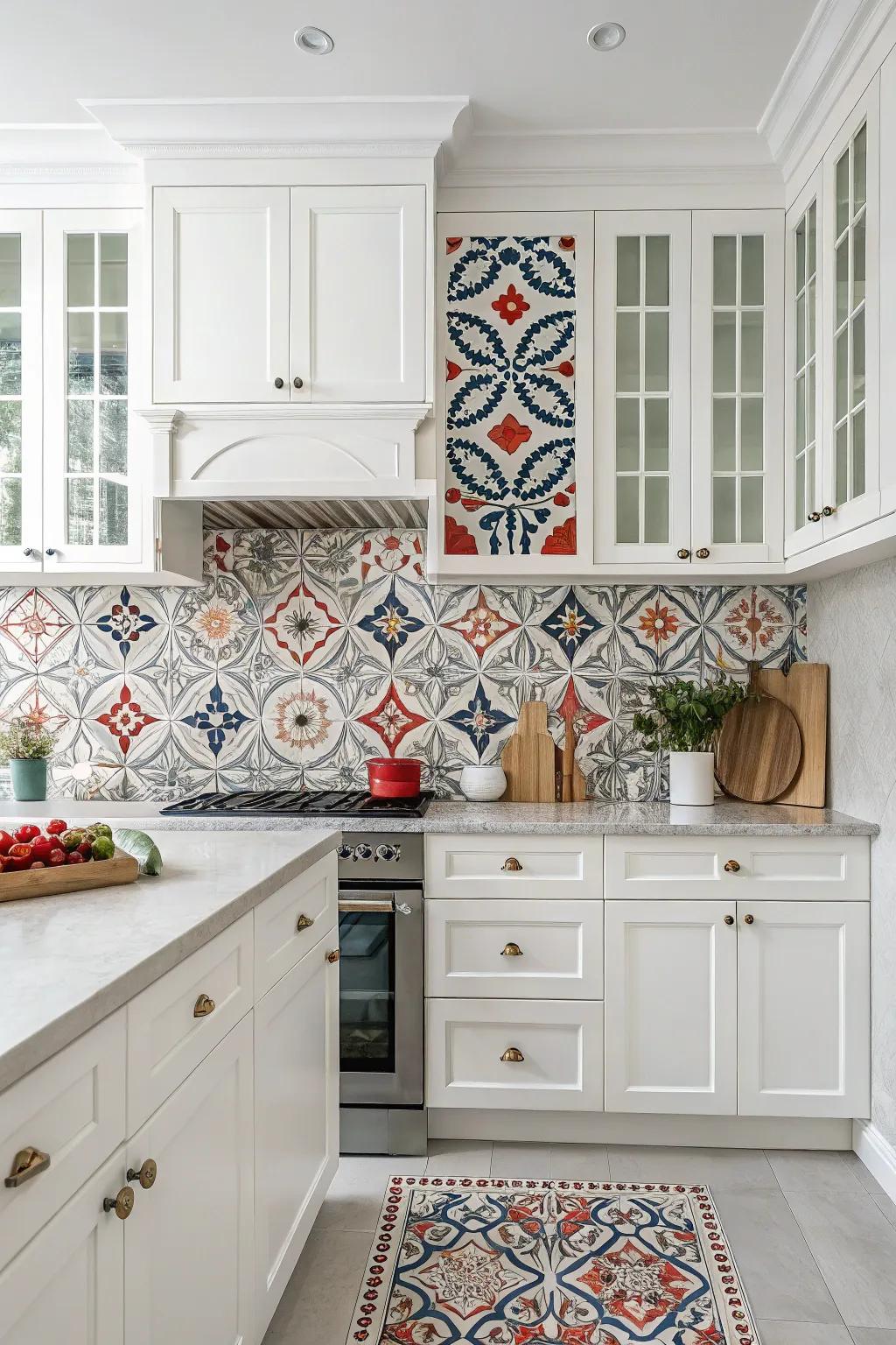 Audacious designs render the backsplash a focal feature in this white kitchen.