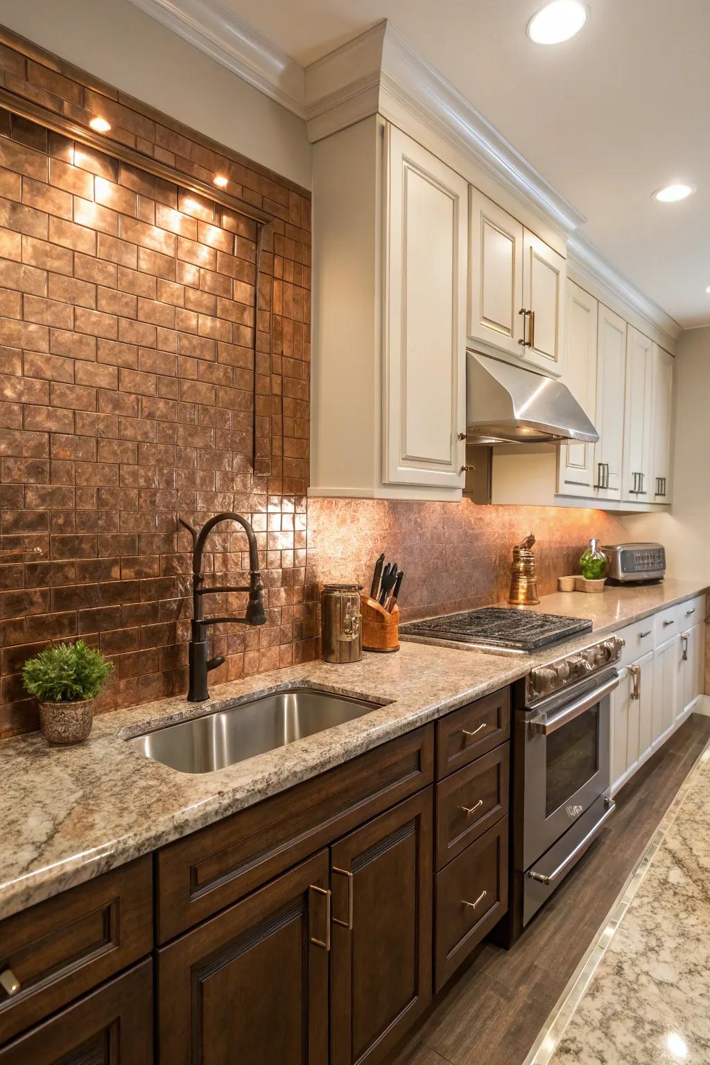 Copper-tinted tiles bring coziness to fantasy brown granite.