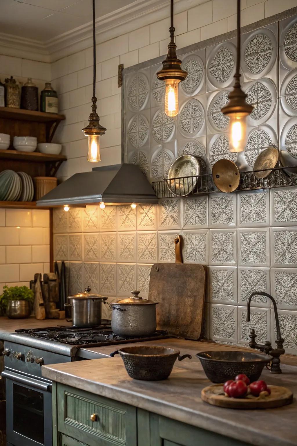 Vintage tin tiles offer a nostalgic and metallic charm.