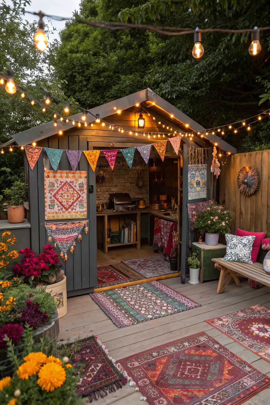 Bohemian charm: a BBQ shed with eclectic style.