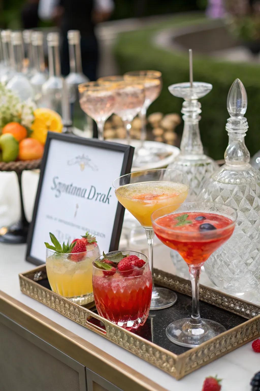A custom beverage station contributes a personal flair to the celebration.