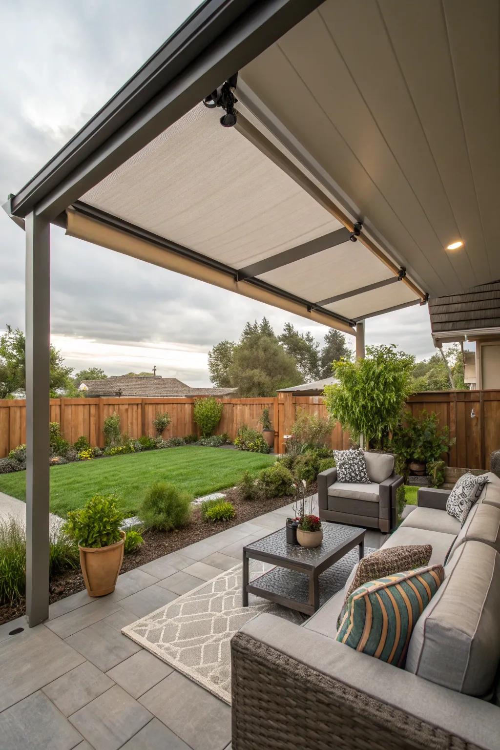 Retractable shade providing flexible sun protection in a lanai.